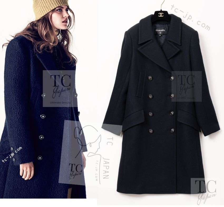 シャネル コート CHANEL ほぼ黒 濃紺 ウール CC ロゴボタン ダブル