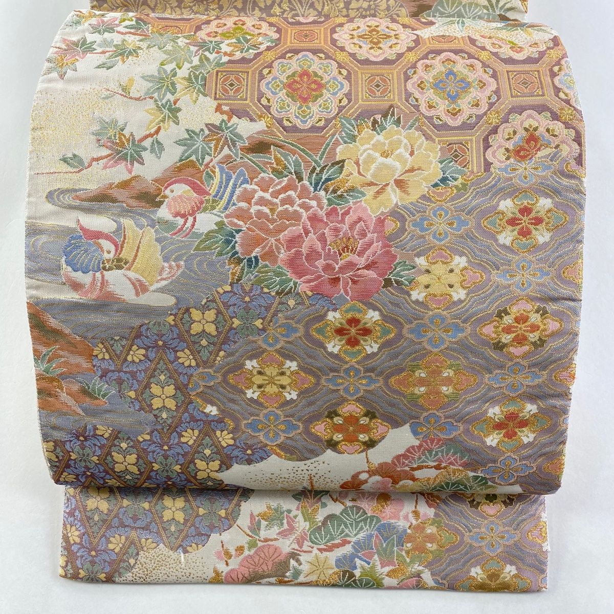 袋帯 鴛鴦 蜀江華文 金糸 箔 ベージュ 六通 正絹