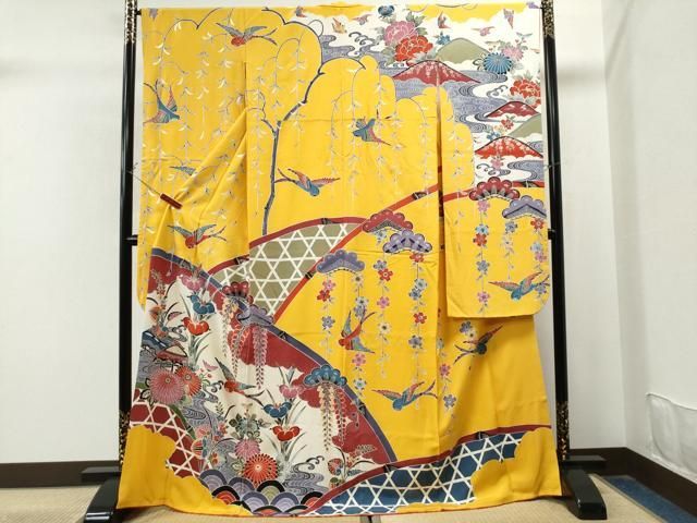 平和屋着物○豪華振袖 紅型 籬御所解花鳥文 金彩 正絹 逸品 CAAU1871yc  