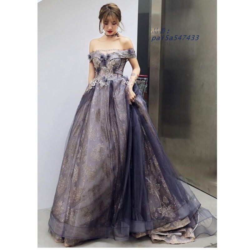 オフショルダー ロング丈ドレス ウエディングドレス パーティードレス ステージ衣装 二次会 成人式 Aラインワンピース 発表会 結婚式ドレス 披露宴演奏会 pai5a547433