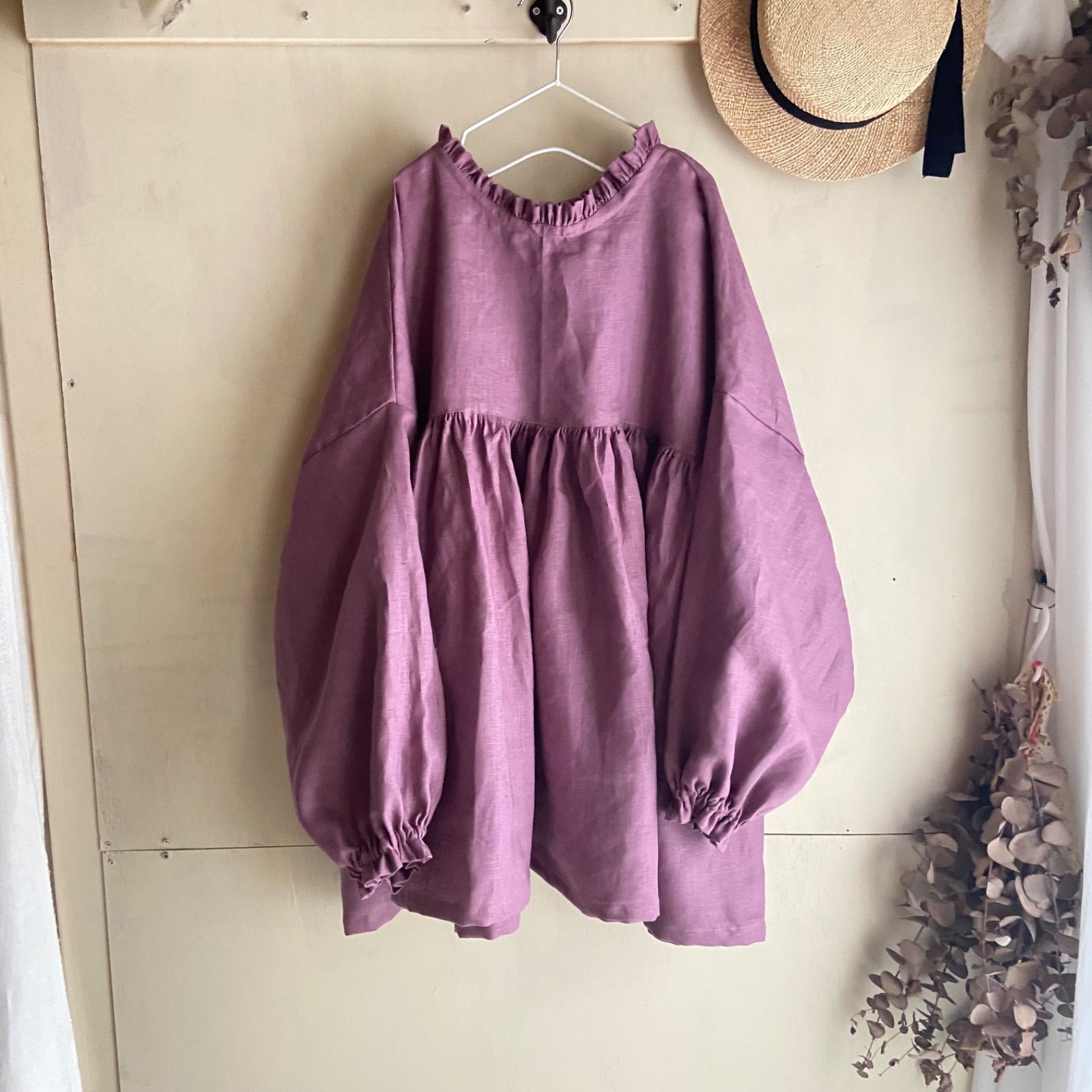 リネンブラウス フリルブラウス ローズピンク