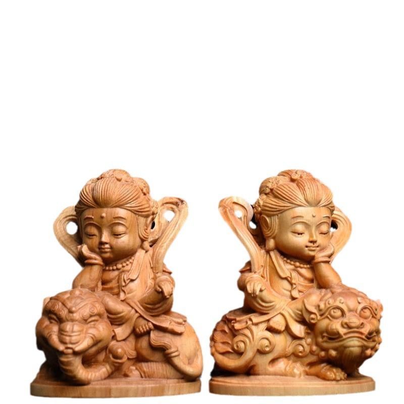 極上品 文殊菩薩 普賢菩薩 置物 仏教美術 開運 風水 仏像 彫刻