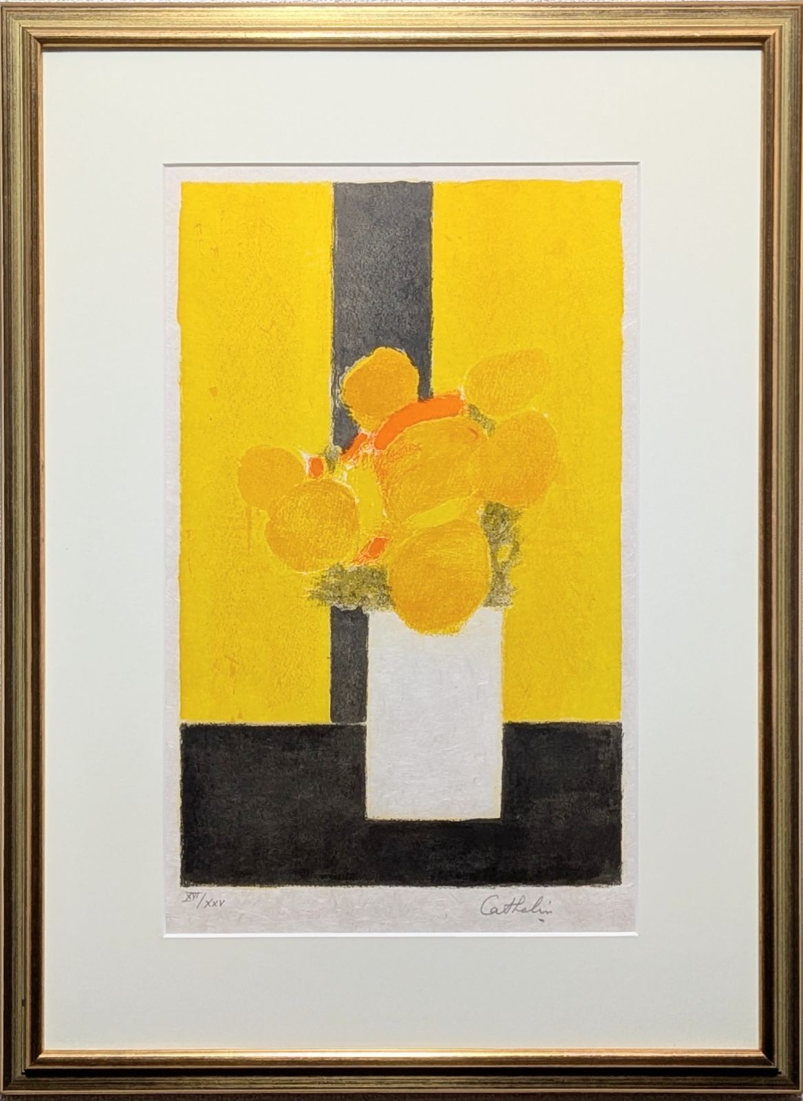 真作 ベルナール カトラン 黒いテーブルの上の黄色い花束 直筆サイン リトグラフ