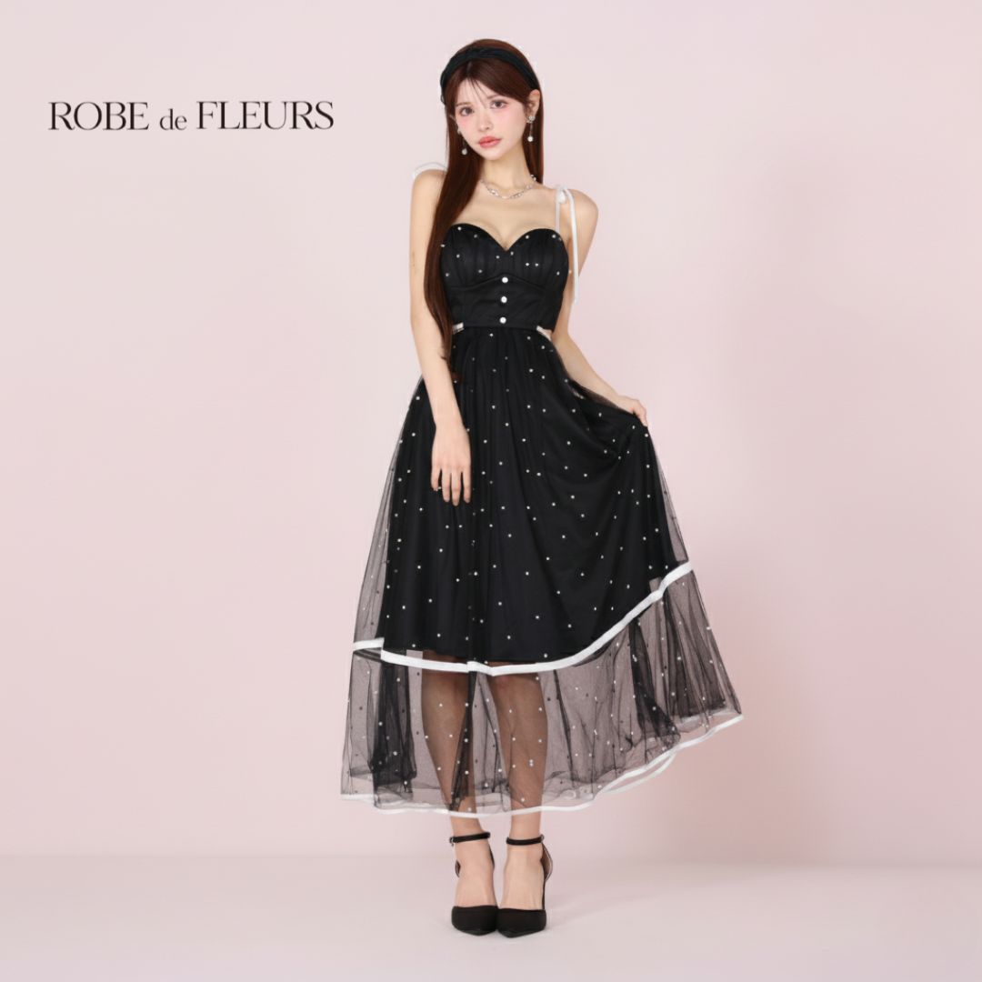 ROBE de FLEURS ローブドフルール fm3298 パールドットチュールウエストカットフ ロングキャバドレス Black