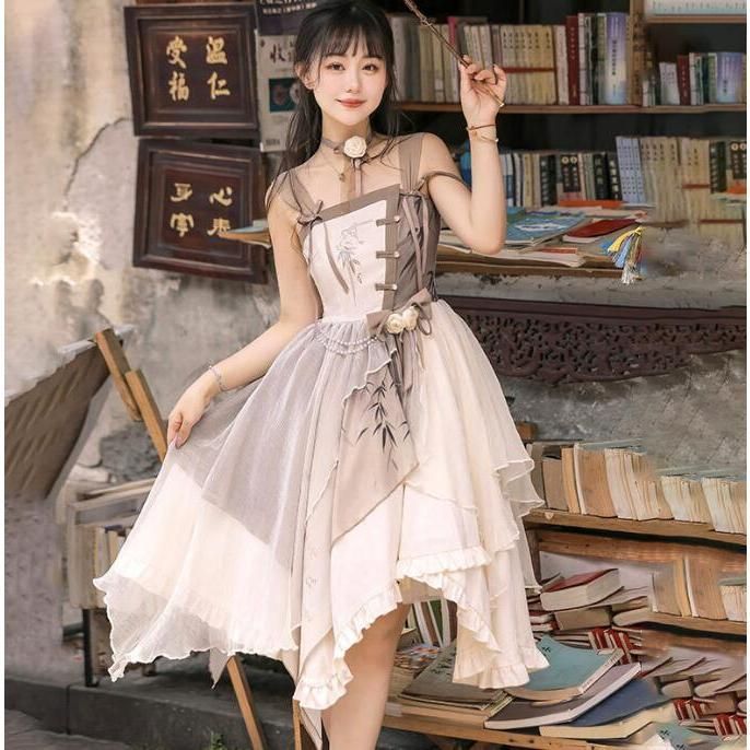 ロリータ ドレス キャミソール 漢風 ドレス 膝丈 ロリータワンピース チャイナドレス イレギュラー裾 改良版漢服 コスプレ衣装 撮影衣裳 学