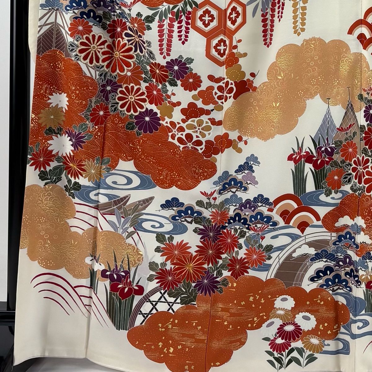 振袖 花柄刺繍 クリーム色 絹　セット 振袖 身丈167cm 裄丈65.5cm M 袷 草花 雲文 刺繍 金彩 クリーム