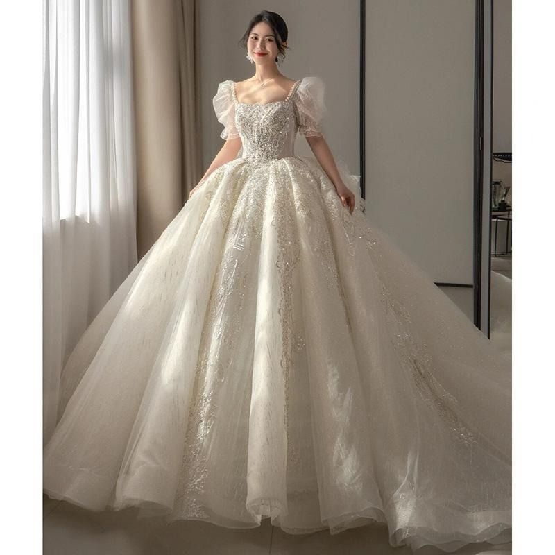 ウェディングドレス ウエディングドレス パフスリーブ 二次会 結婚式 前撮り ブライダル ロングドレス 花嫁 プリンセスドレス プリンセスライン 半袖 ゴージャス