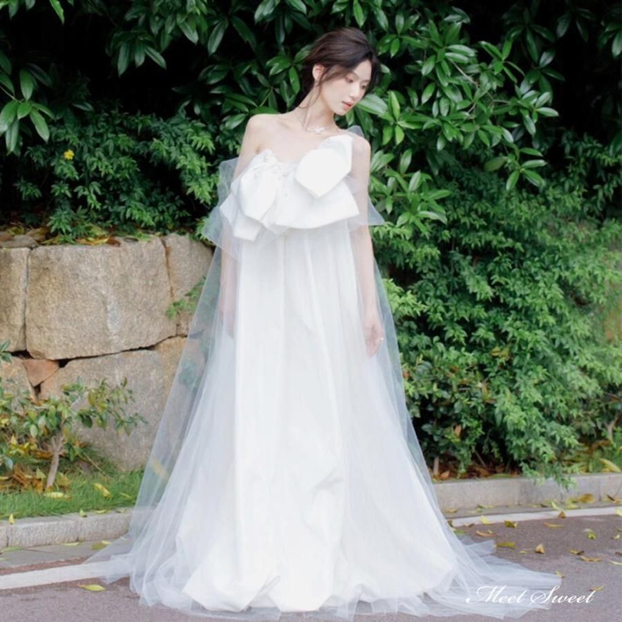 ウェディングドレス ロングドレス エンパイアドレス マタニティドレス ベアトップ ふわふわ 二次会 結婚式 前撮り ブライダル 花嫁 ウエデ