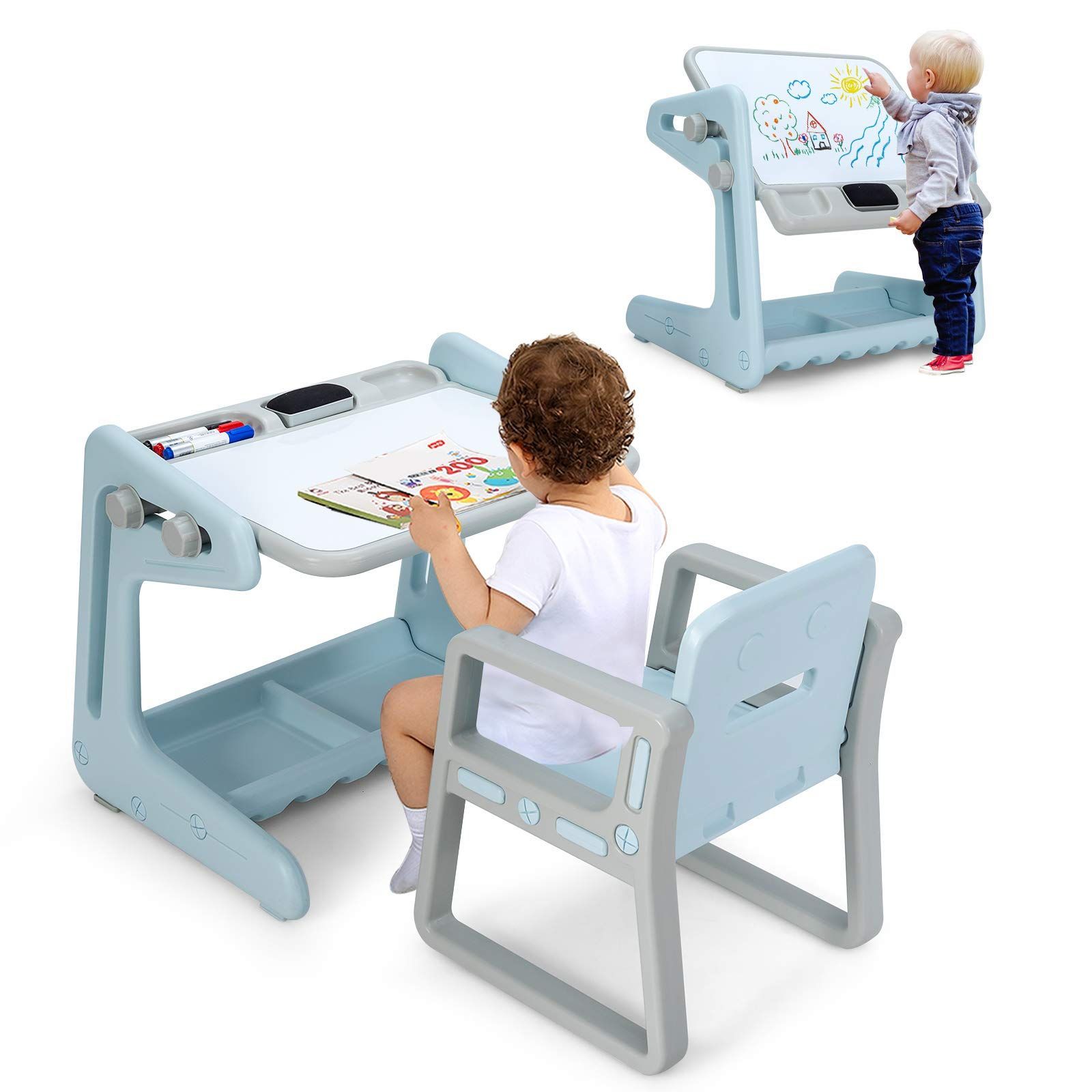 椅子セット 子どもテーブルセット 子ども用テーブル 絵かきボード 角度調整可能 収納スペース付き 子供デスクセット キッズテーブルチェアセット Giantex 多機能 入園祝い 絵本読み 絵かき (