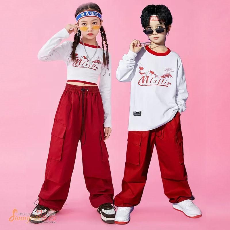 ダンス衣装 ヒップホップ 白赤トップス カーゴパンツキッズ ガールズ 男の子 派手 K-POP 韓国 ステージ衣装 応援団 練習着 体操服 発表会 hiphop 演出服