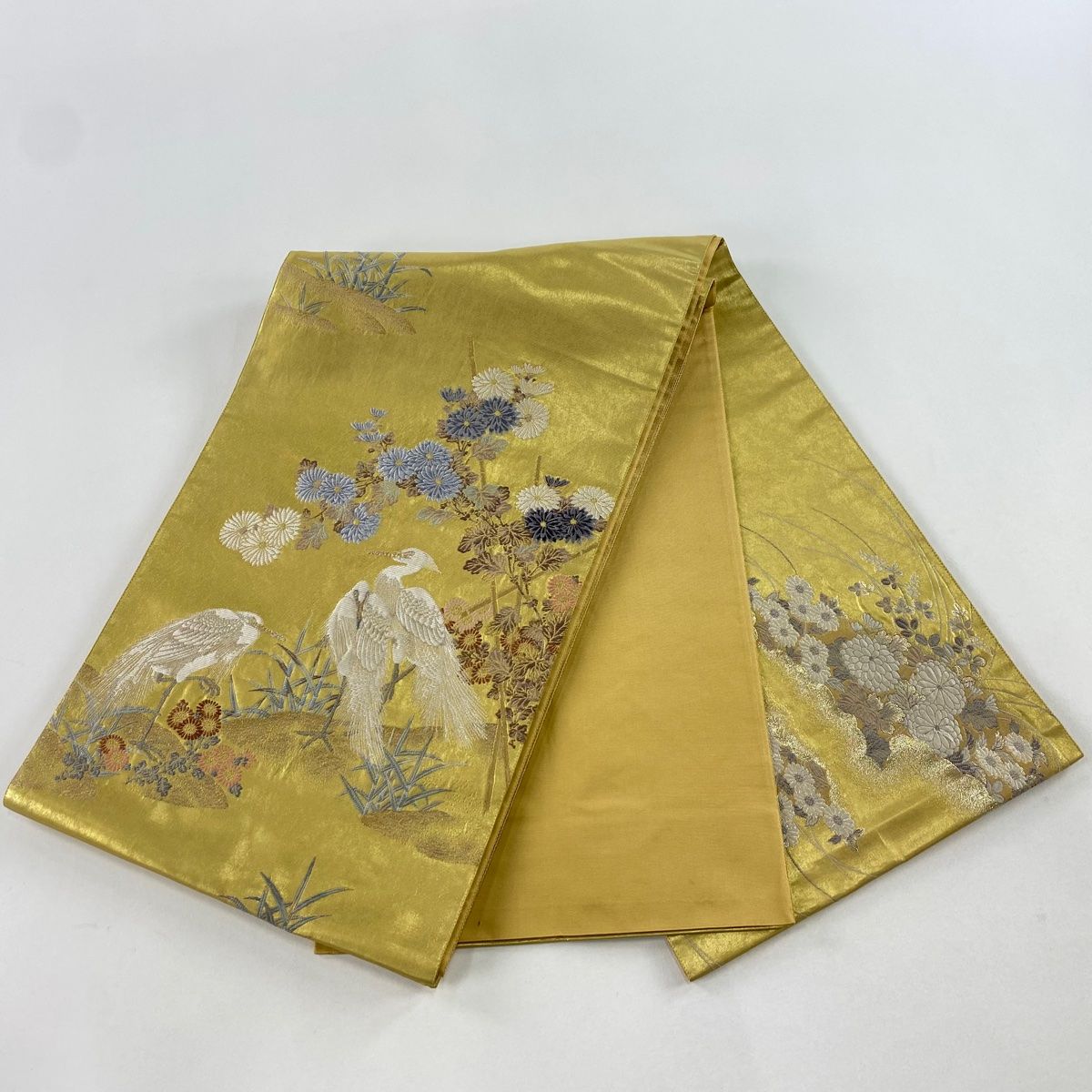 刺繍 袋帯 お太鼓柄 金糸 正絹 袋帯 秀品 段縞 幾何学 金糸 箔 灰茶 お太鼓柄 正絹 【中古】 袋帯