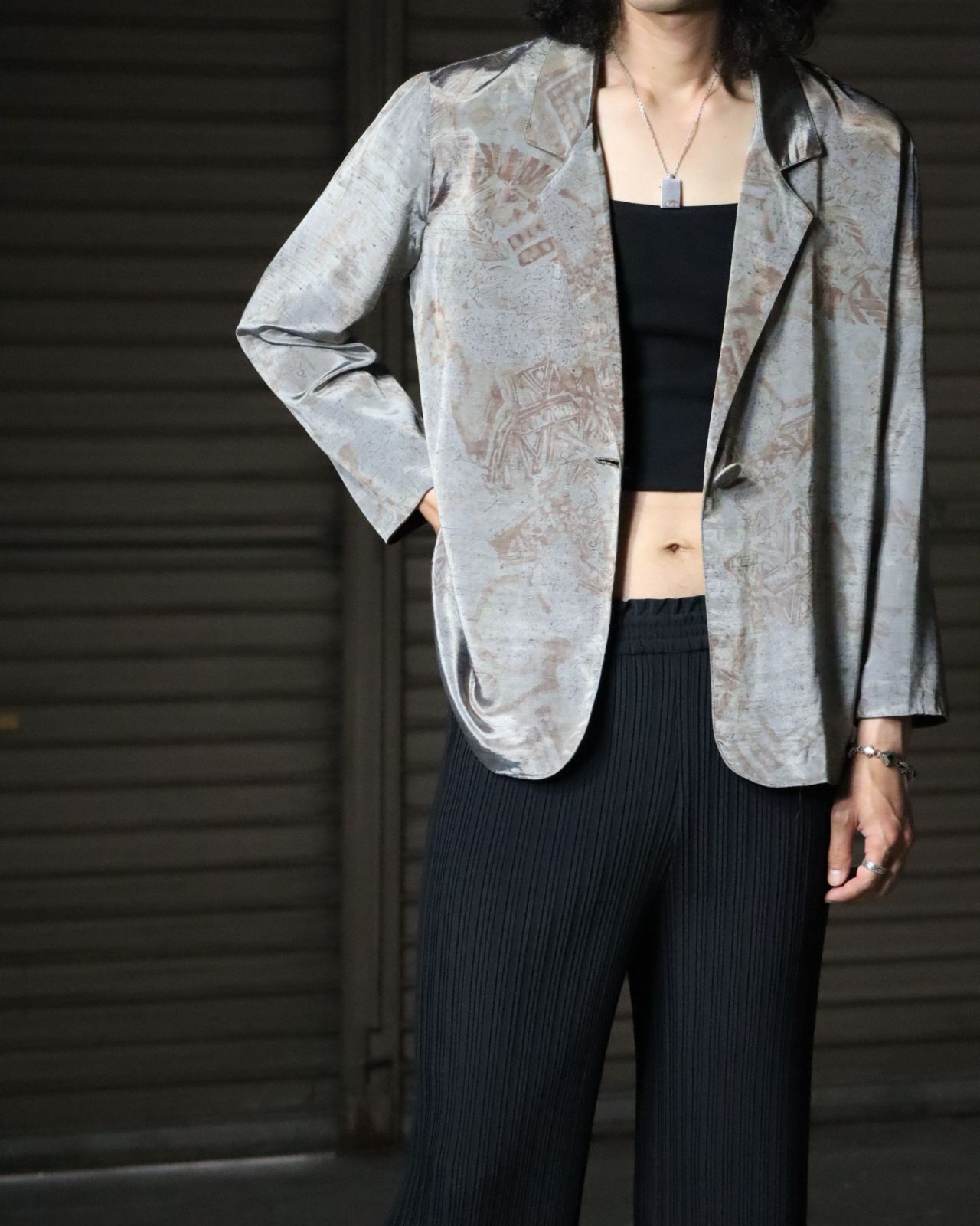 90s USA製 ユニークアート サテン イージー テーラードジャケット シャツ 1990s USA made unique art satin padless tailored jacket 90年代 USA