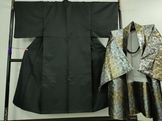 平和屋着物 上 男性 色無地 紋付き羽織セット 菱地紋 黒地 洗える着物 DZAA9352kh5