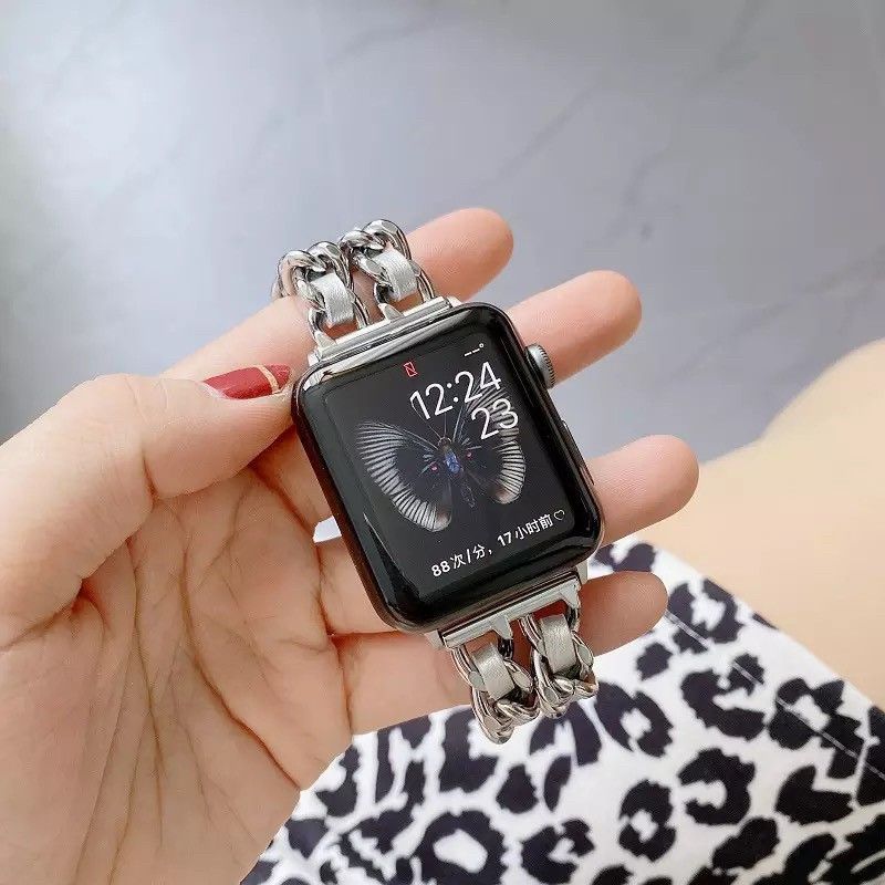 AppleWatchApple Watch チェーンバンド シルバー レザーホワイト 42mm