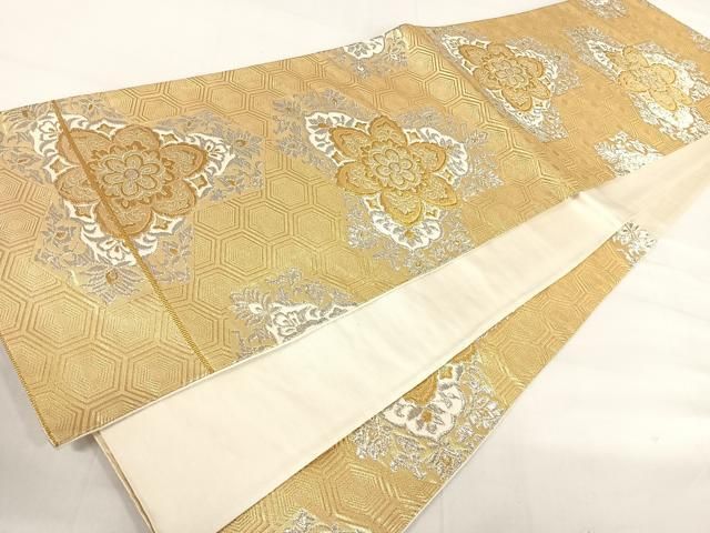 袋帯 スリーシーズン 織柄 素敵なデザイン 六通 正絹 AO-3909 平和屋着物◎六通柄袋帯 唐織 正倉院花文 金銀糸 正絹 逸品