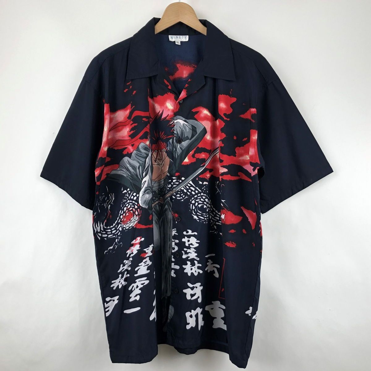 【古着】 NINETY 総シャツ 剣士 飛鳥 アニメ風 90年代 半袖 ブラック系 メンズXL 【中古】 n024084