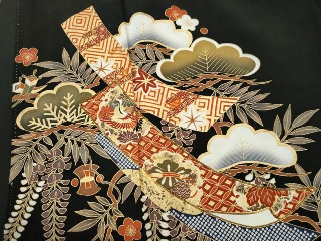 平和屋着物○女性 行灯袴 総刺繍 花唐草文 黒地 卒業式 洗える