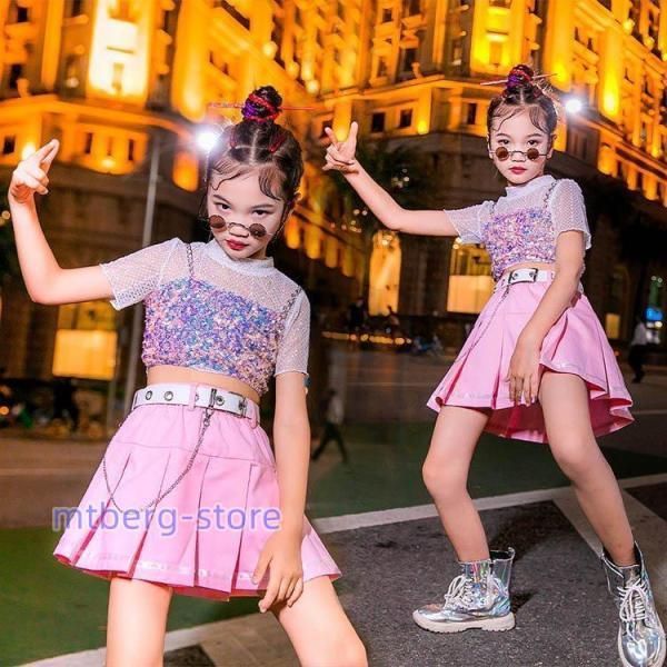 ダンス 衣装 キッズ チア チアガール キラキラ スパンコール ジャズダンス衣装 トップス スカート へそ出し 女の子 演奏会 練習着