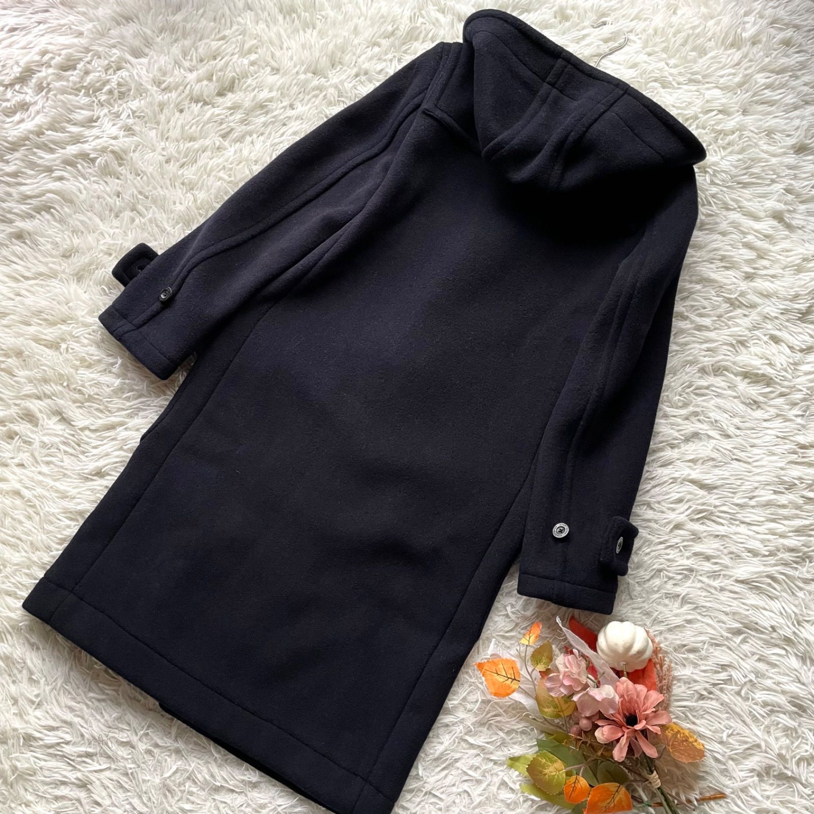 HYKE ハイク メルトンダッフルコート ロング フード ロゴボタン 1 紺