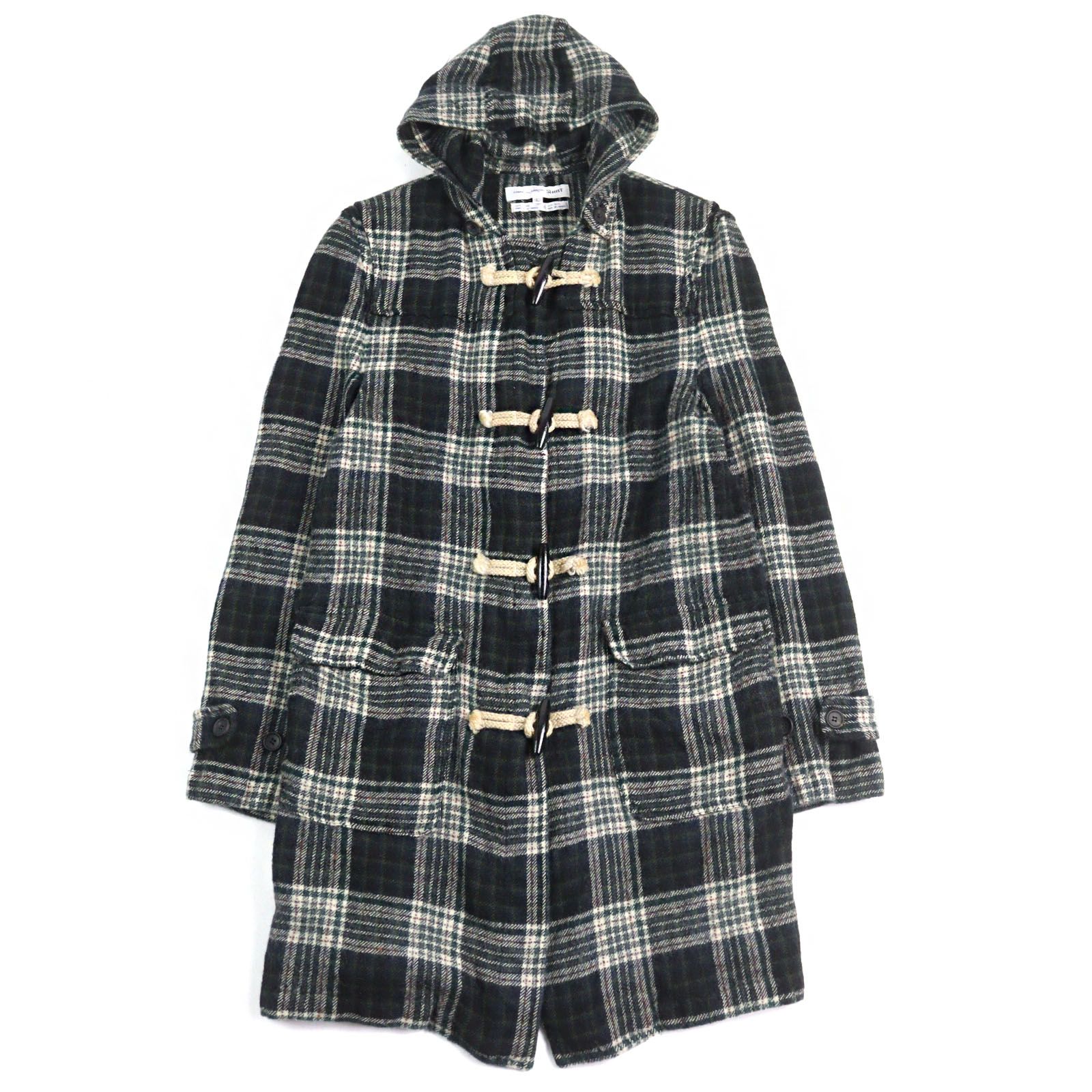 ○COMME des GARCONS SHIRT コムデギャルソンシャツ FW09082 ウール フーデッド トグルボタン チンストラップ付き ウール縮絨 ダッフルコート グリーン系 チェック柄 L フランス製 メンズ
