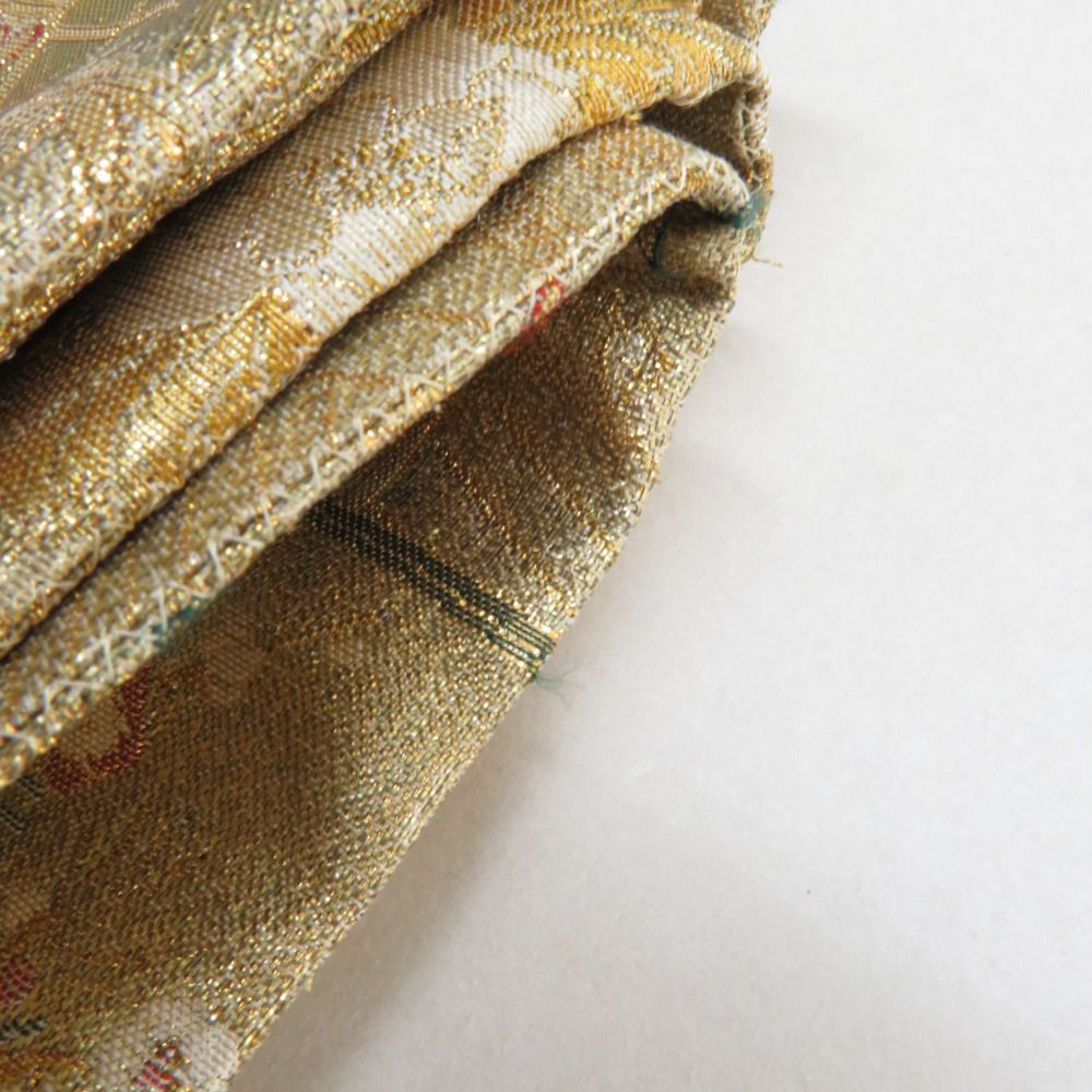 袋帯 ゴールドx多色 花鳥風月模様 金糸銀糸 六通柄 正絹 仕立て上がり