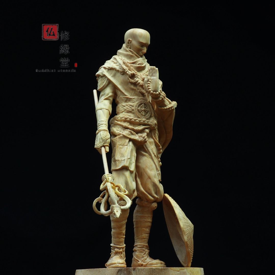 【修縁堂】木彫り 禅意 武僧立像 勝運置物 彫刻 仏教工芸 柘植材 仏師で仕上げ 修縁堂】木彫り 禅意 武僧立像 勝運置物 彫刻 仏教工芸 柘植材