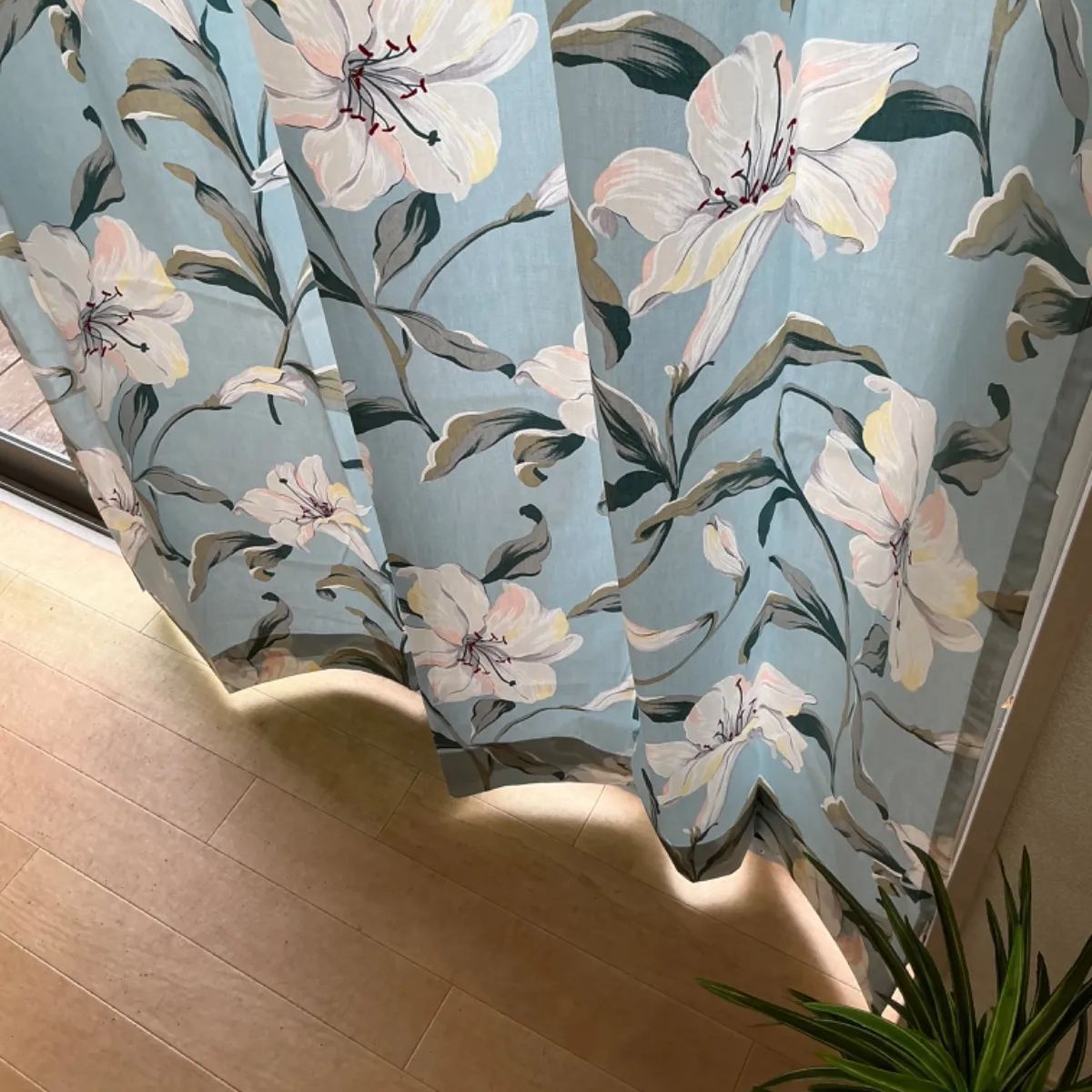 非遮光】カーテン 大きな花柄 百合柄 ブルー 巾100cm×丈178cm 2枚組