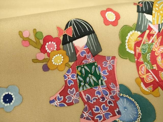 平和屋着物●塩瀬　九寸名古屋帯　手描き　童女　舞扇梅文　金彩　正絹　逸品　DAAS3217ps 平和屋着物○塩瀬 九寸名古屋帯 手描き 童女 舞扇梅文 金彩 正絹 逸品