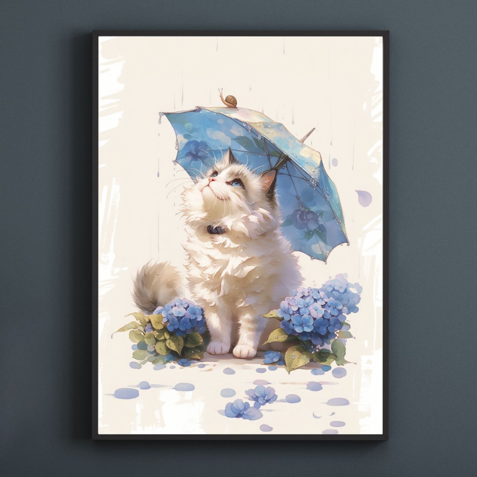 雨猫戯舞 - サイベリアン メインクーン ノルウェージャンフォレストキャット 猫 子猫 猫の絵 猫のイラスト 梅雨 季節 時期 紫陽花 カタツムリ うちの子記念日 ペットロス アートポスター