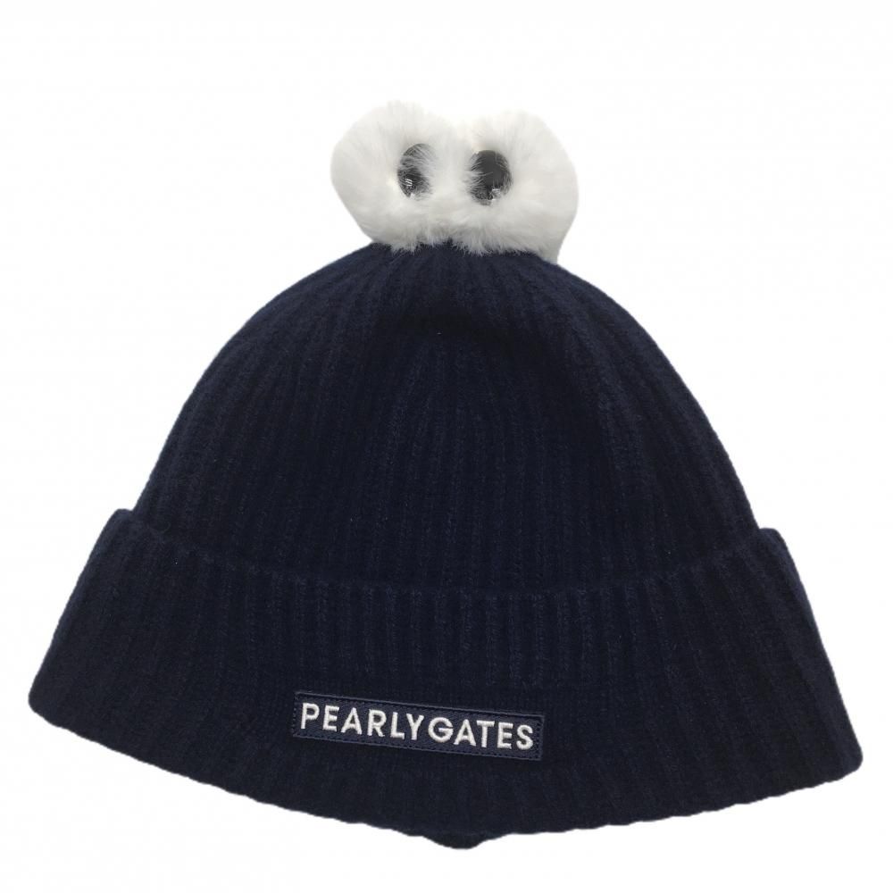 【美品】パーリーゲイツ ニット帽 ネイビー×白 目玉ボンボン付き カシミヤ100％ FR  ゴルフウェア PEARLY GATES