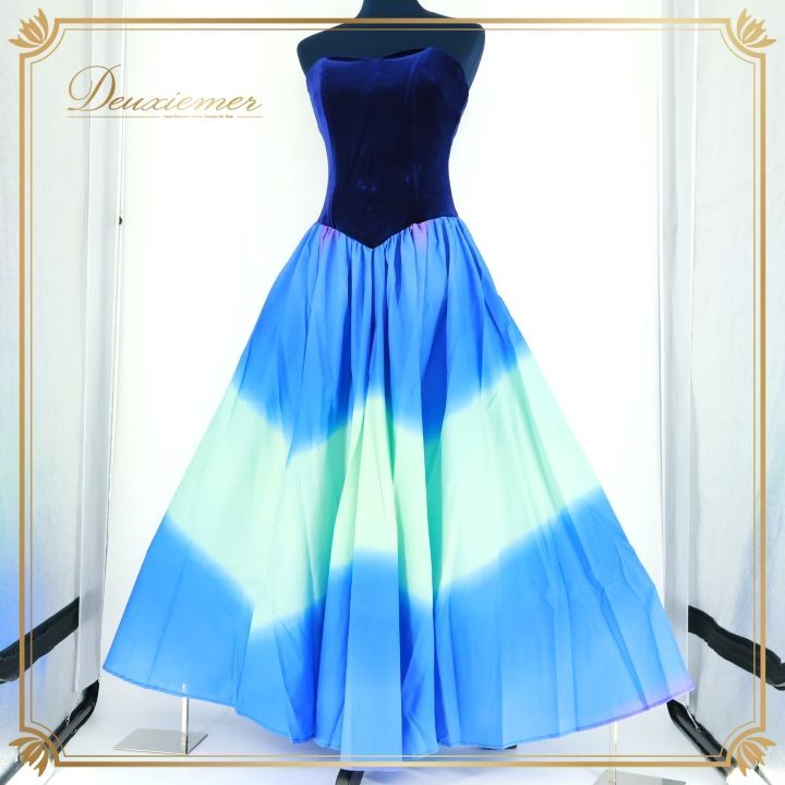 フラダンス 衣装 ワンピース ドレス ブルー系 u ino! フラ ダンス ベロア 光沢 グラデーション ハワイ製 青 紺 水色 華やか 鮮やか かわいい 上品 チューブトップ 紫 uino ネイビー系 パープル系