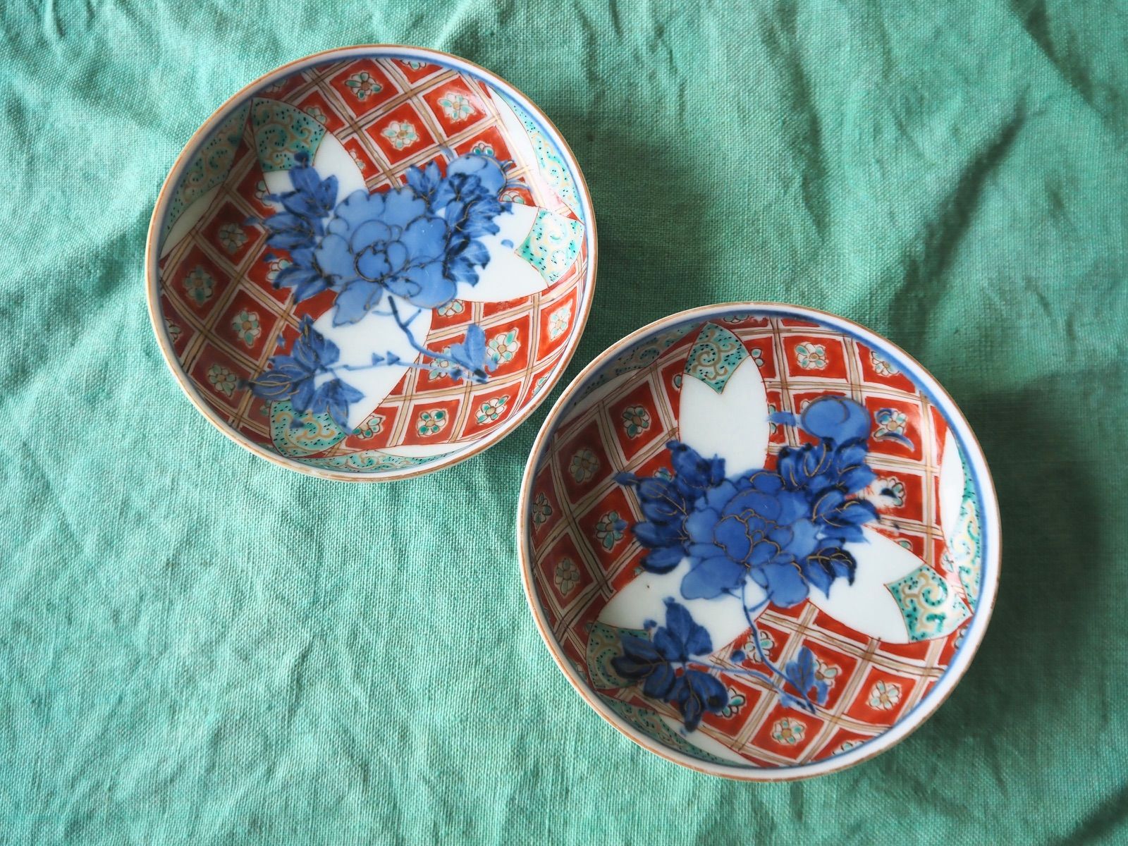 大聖寺伊万里　古伊万里　伊万里　色絵　金彩　向付　輪華鉢　5客 大聖寺伊万里 色絵金彩 小皿 2客セット｜染錦 花格子文 古道具を