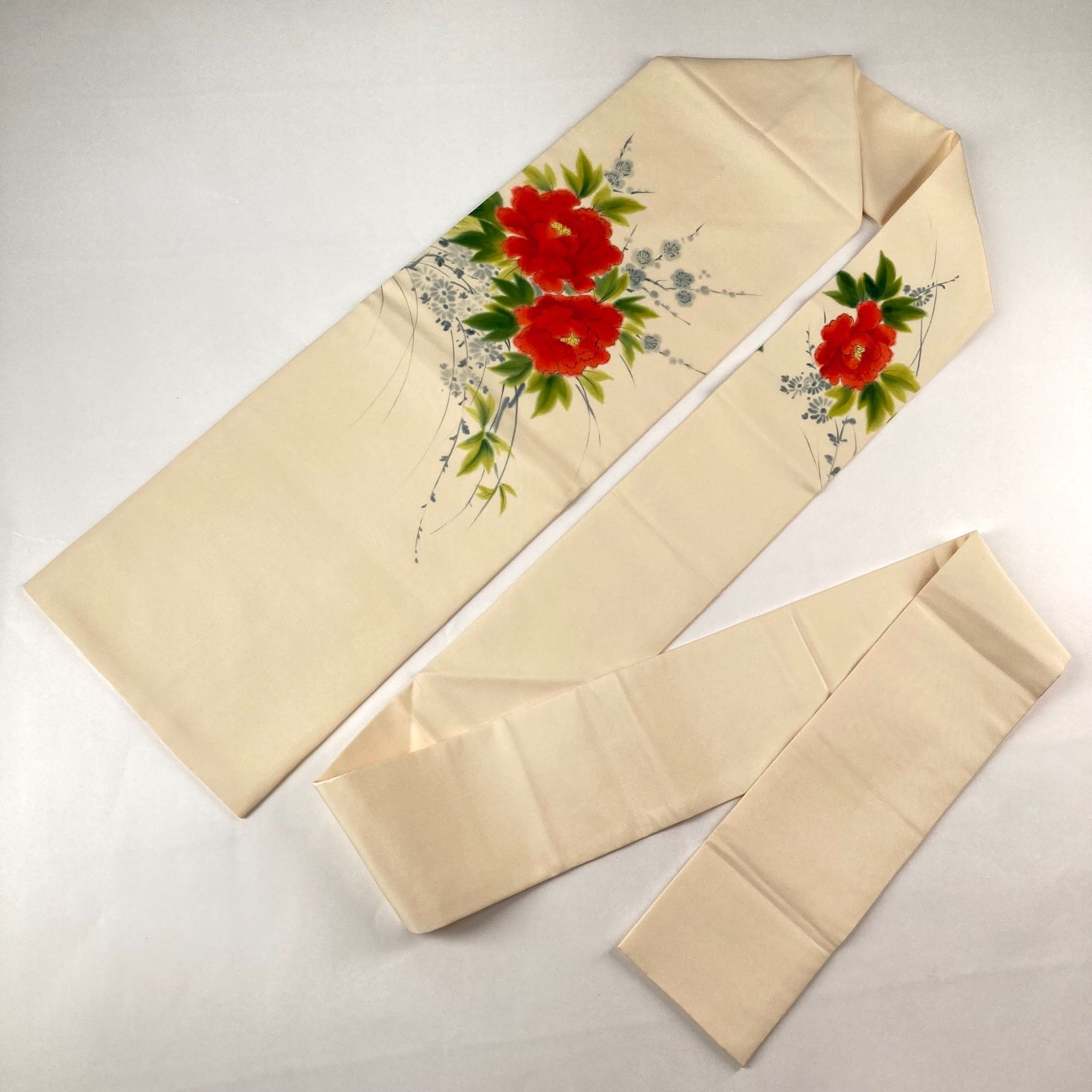 平和屋着物◎塩瀬 九寸名古屋帯 駒刺繍 椿 金糸 正絹 逸品 BAAU6149yc