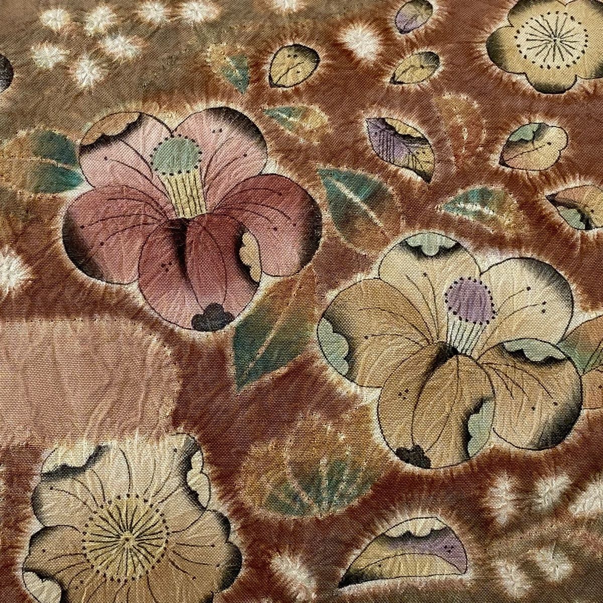 【品質保証書】 名古屋帯 紬地 草花 ヱ霞 絞り ピンクベージュ 正絹 【お中元ギフト】