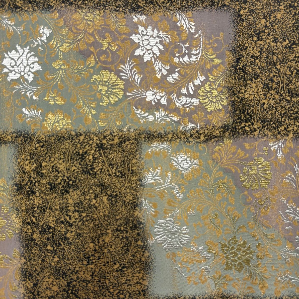 袋帯 秀品 鈴乃屋 花唐草 松葉 金銀糸 箔 灰緑 六通 正絹 【中古