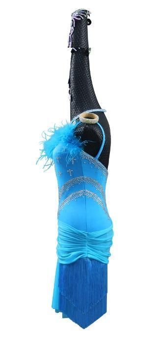 ラテンワンピースドレス 社交ダンス衣装 羽毛 ブルー オーダー