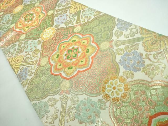 平和屋本店□極上 六通柄 錦本袋帯 唐織 正倉院花文 金糸 三越扱い