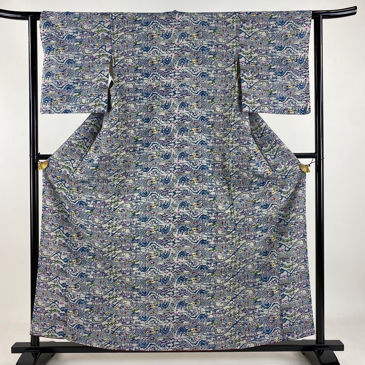 小紋 身丈158.5cm 裄丈62cm S 袷 建物 草花 青灰色 正絹 秀品