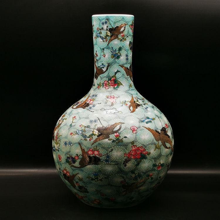 青地粉彩百鶴図夜光天球瓶 現代工芸品 美術品 装飾品 置物