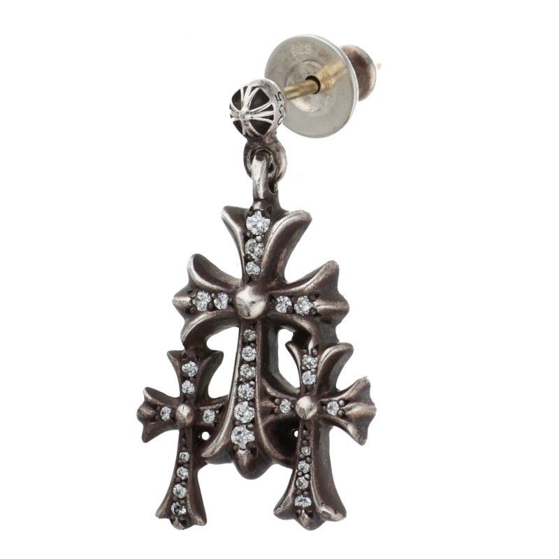 クロムハーツ 3 CH CROSS DROP P D トリプルCHクロス PAVEダイヤ シルバーピアス メンズ