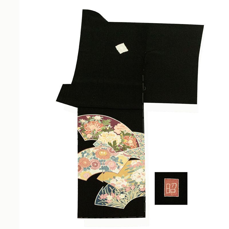記念感謝祭 仕立無料 京加賀友禅黒留袖 伝統工芸士柳槁昭作手描加賀五彩染四季花扇面文 落款入 10012368