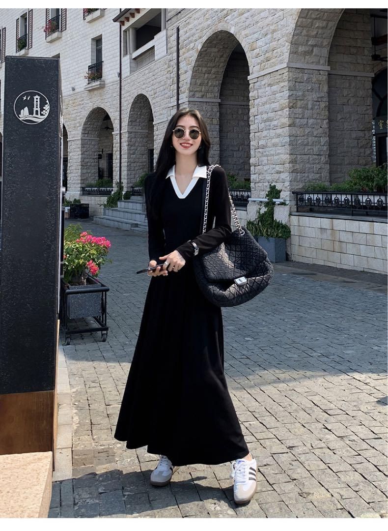 春セクシーコントラストニットドレスロング丈ワンピース