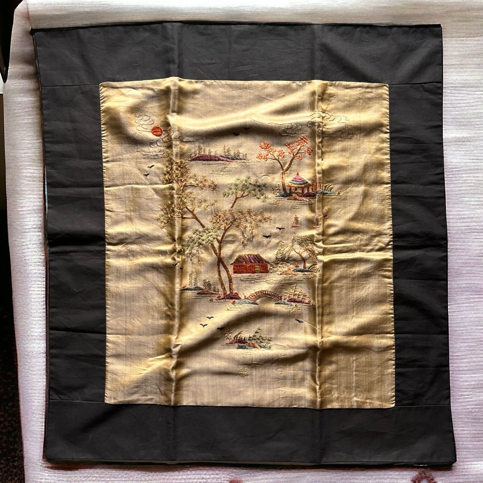 中国 刺繍 [松竹梅風景絵] 布 中国雑貨 中国画 刺?画 タペストリー 