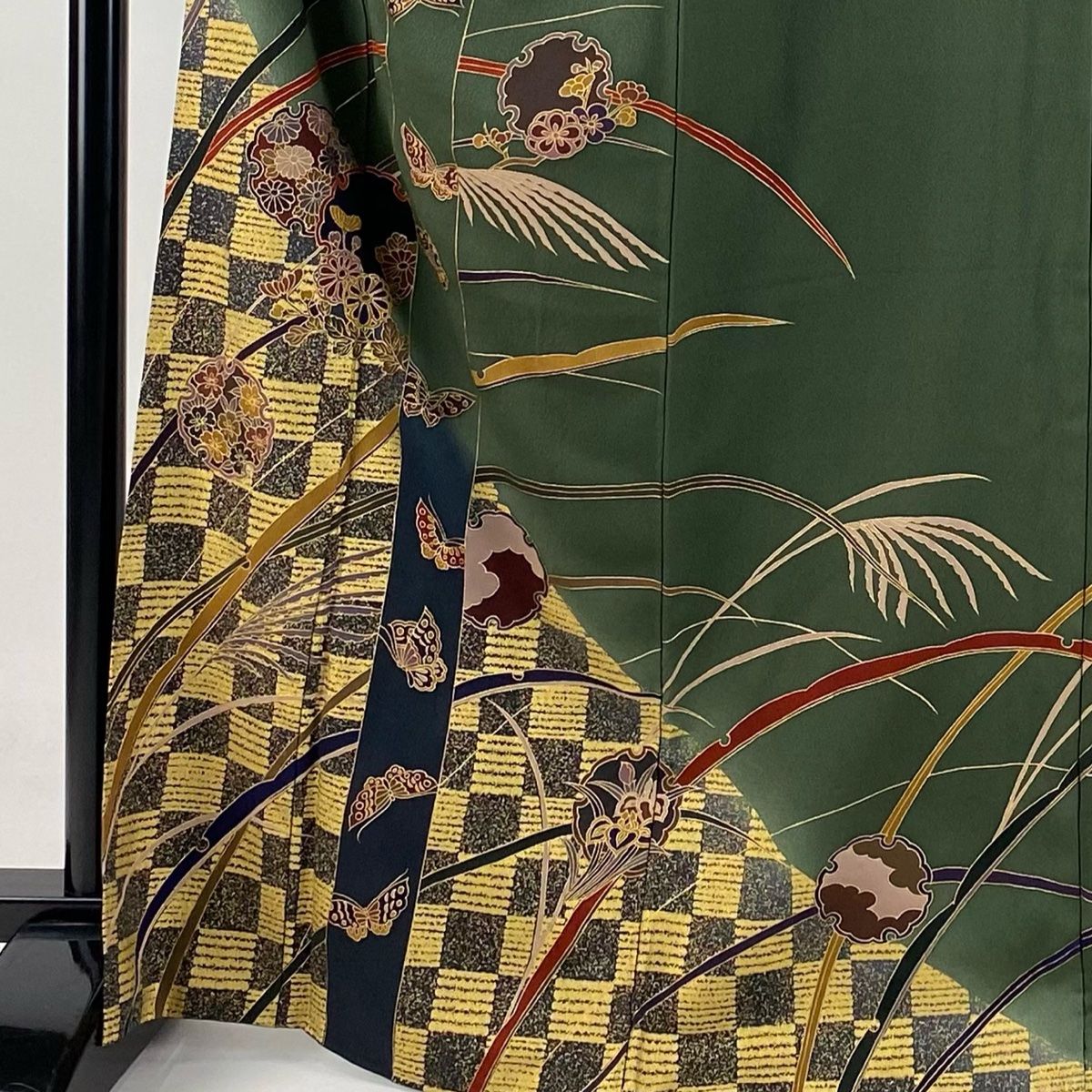 訪問着 身丈166cm 裄丈65cm M 袷 雪輪 蝶 金彩 ぼかし 深緑 正絹 秀品