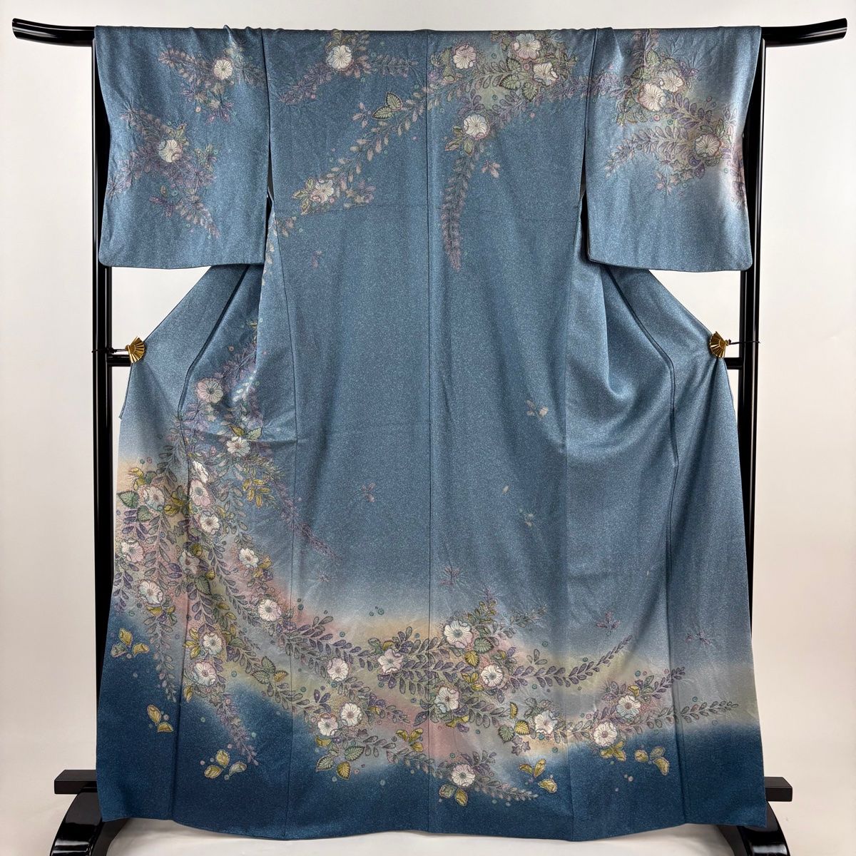 訪問着 身丈167cm 裄丈67cm M 袷 辻が花 金彩 ぼかし 青灰色 正絹 名品