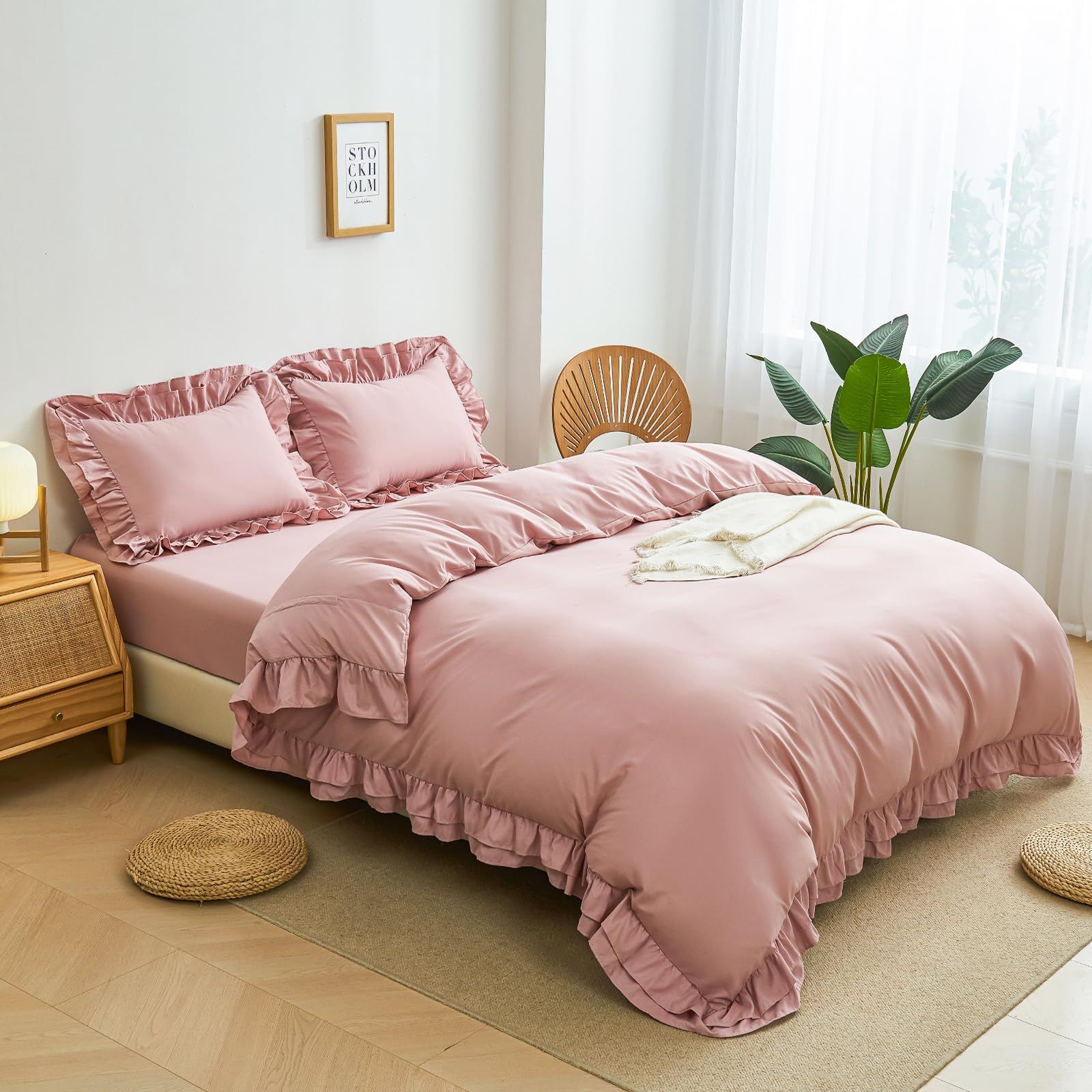 【在庫処分】HOdo Home 布団カバー ダブル 4点セット 掛け布団カバー ベッドカバー 枕カバー ベッドシーツ ボックスシーツ 洋式・和式兼用 寝具カバーセット 二層フリル付き ピーチスキン加工