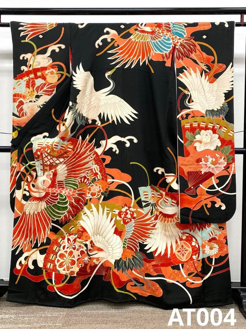 アンティーク 振袖 金駒 金彩 鶴 刺繍 正絹 身丈161cm 紋付 比翼付き 