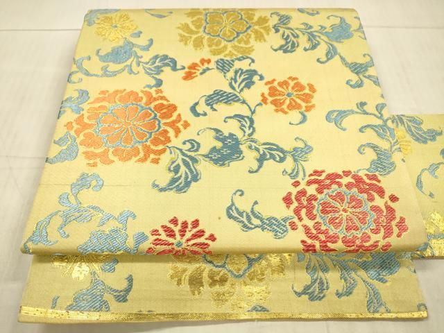 平和屋着物●アンティーク 大正ロマン 九寸名古屋帯 唐織 草花文 金糸 正絹 DAAX8843cm
