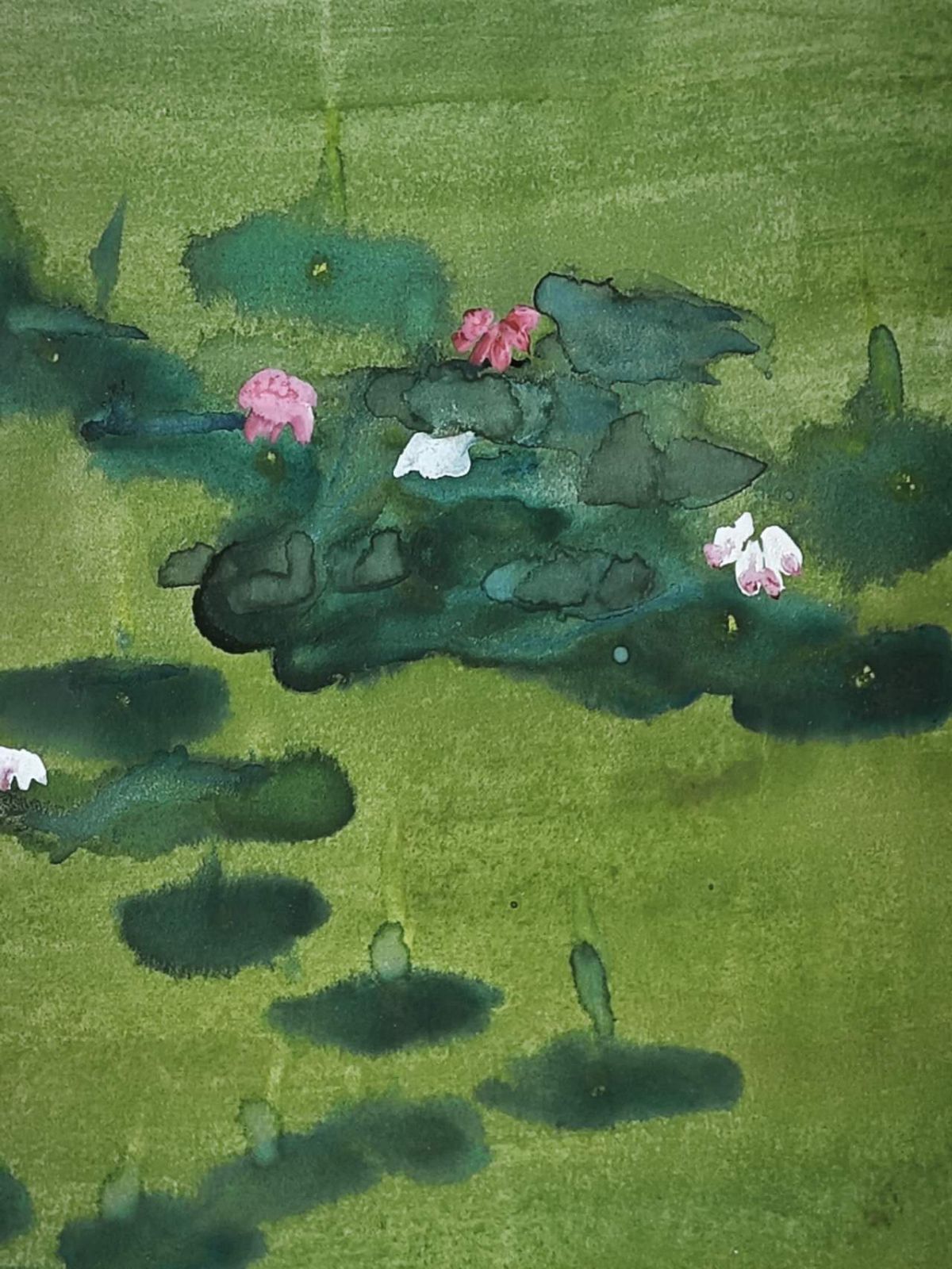 日本画|水墨画 睡蓮 蓮図 墨彩画 清涼感 額装