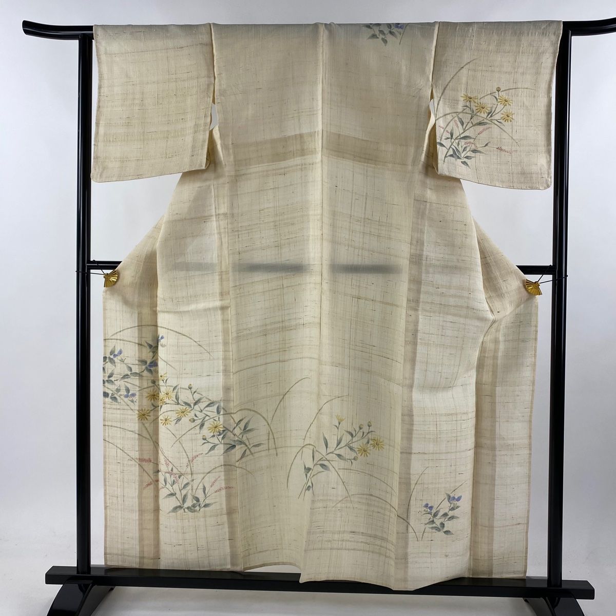 訪問着 身丈158cm 裄丈64cm M 薄物 紬地 草花 ベージュ 正絹 名品  